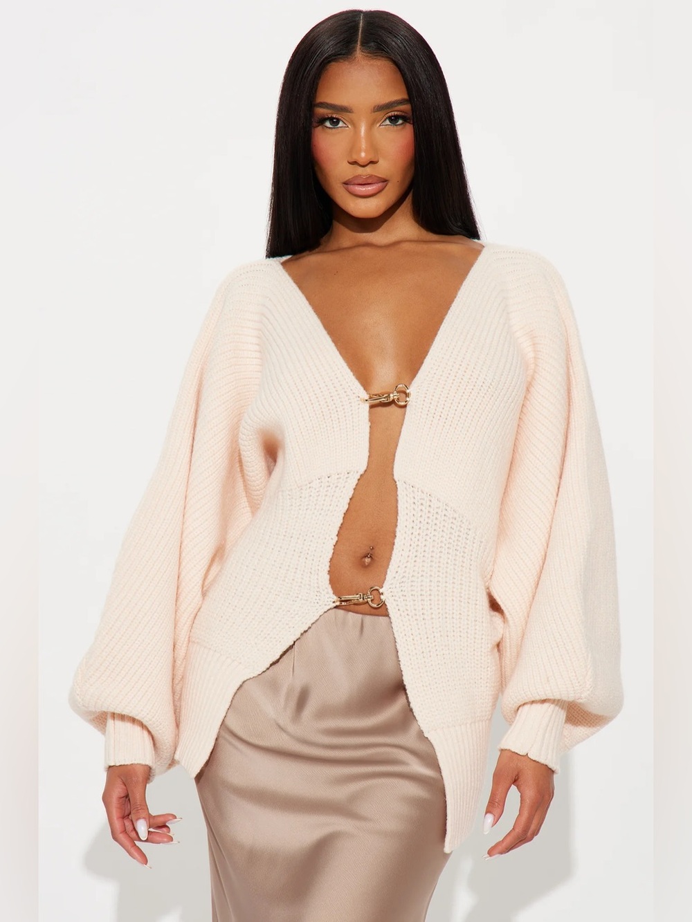 Fashion Nova “Candlelit Evenings” Plunge Front Ribbed Knit Sweater